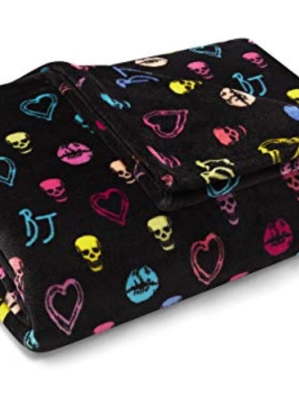 Betsey Johnson Black Plush Blanket with Neon Skulls & Hearts